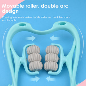 Light blue pressure point neck massager showing design and wheel configuration.