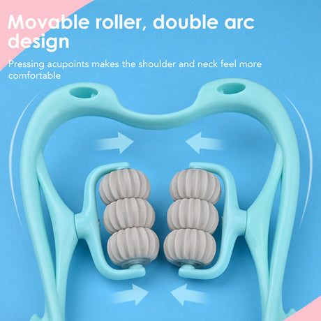 Light blue pressure point neck massager showing design and wheel configuration.