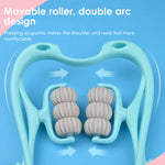 Light blue pressure point neck massager showing design and wheel configuration.