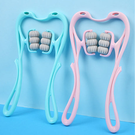Neck massage device available in pink and light blue color options.