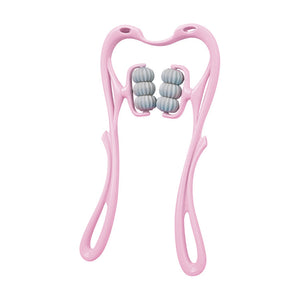 Pink 6-wheel pressure point neck massager for portable pain relief therapy.