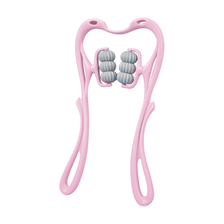 Pink 6-wheel pressure point neck massager for portable pain relief therapy.