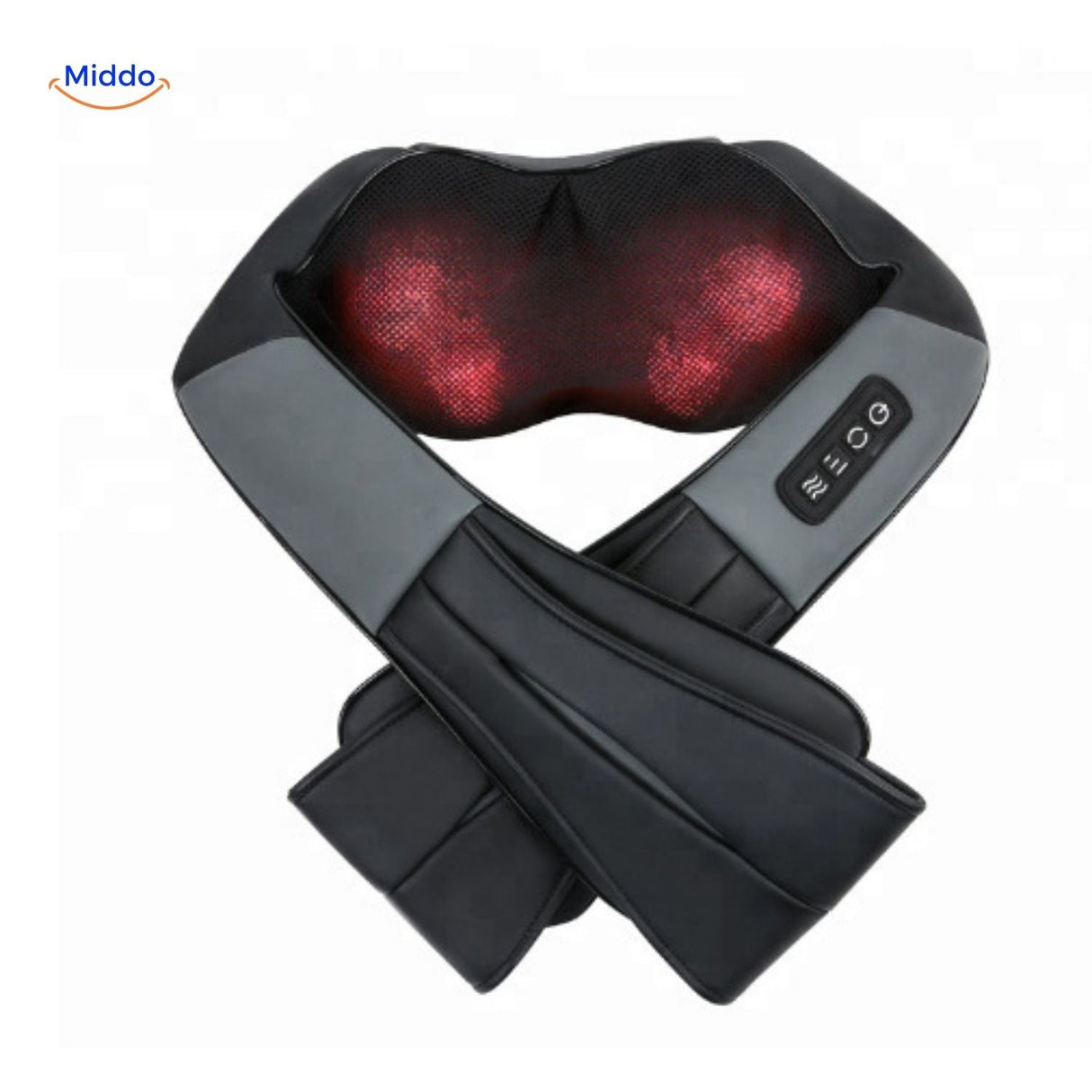 RelaxPro neck massager with red LED light therapy and adjustable straps.