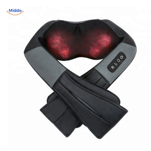 RelaxPro neck massager with red LED light therapy and adjustable straps.