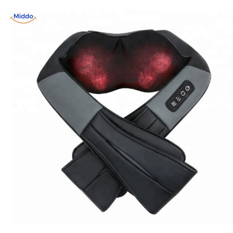 RelaxPro neck massager with red LED light therapy and adjustable straps.
