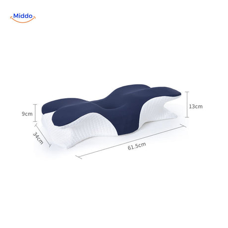 Blue ergonomic pillow with dimensions and size measurements displayed