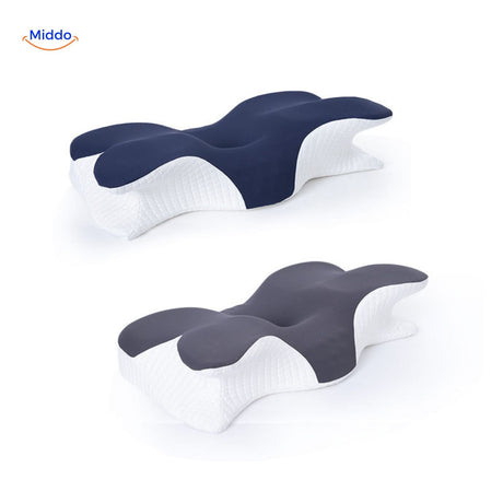 Blue and grey ergonomic neck pillow showing product color options available