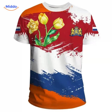 Netherlands orange t-shirt modeled showing comfortable fit and style.