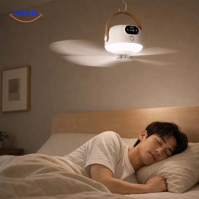 USB fan hanging in a bedroom, providing a tranquil sleep environment.