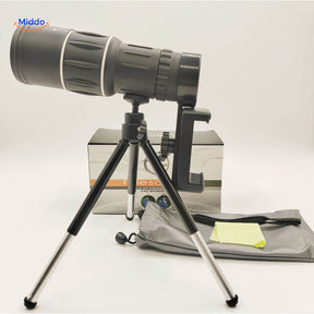 Night vision scope with smartphone photo adapter and adjustable tripod mount.