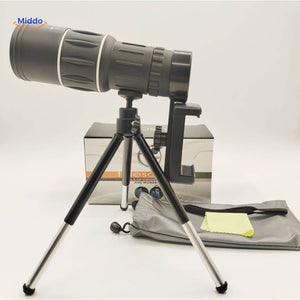 Night vision scope with smartphone photo adapter and adjustable tripod mount.