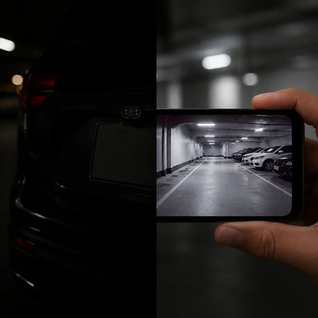 Before and after comparison demonstrating the backup camera night vision clarity improvement in darkness.