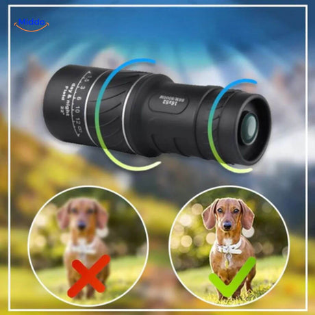 Night vision monocular with enhanced focus shown in use with dog.