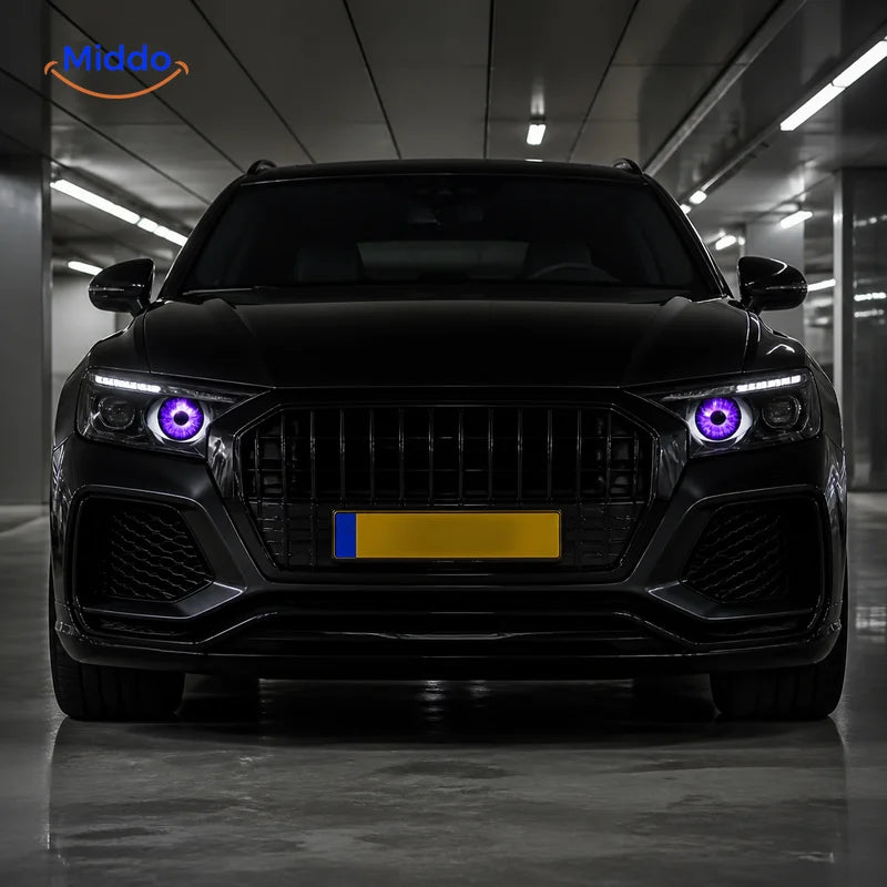 Two synchronized violet NightStare Devil Eyes inside a luxury SUV in Rotterdam