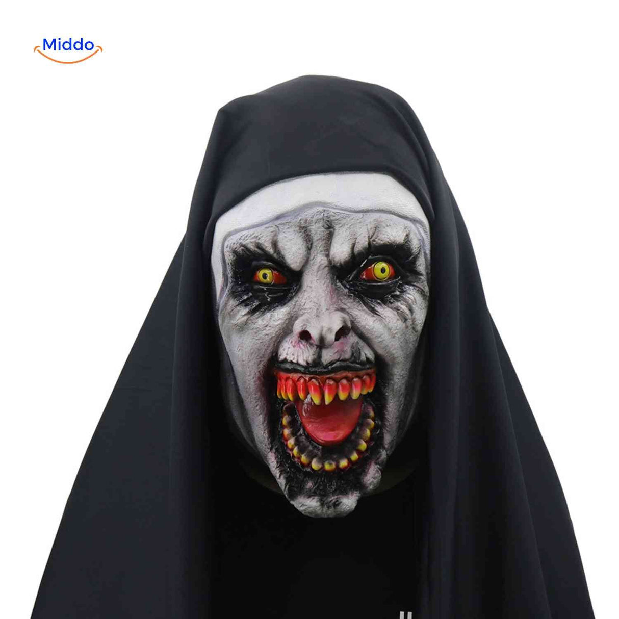 Evil nun mask with devilish demon features for spooky costumes.