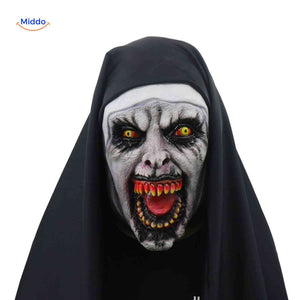 Evil nun mask with devilish demon features for spooky costumes.