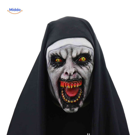Evil nun mask with devilish demon features for spooky costumes.