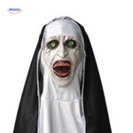 Realistic latex nun mask designed for Halloween costume wear.