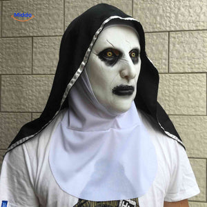Nun mask side view showing creepy yellow glowing eyes.