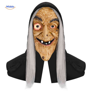 Old witch Halloween mask with long gray hair.