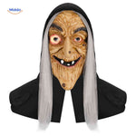 Old witch Halloween mask with long gray hair.