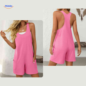 Pink open-back jumpsuit shown from front and back views.