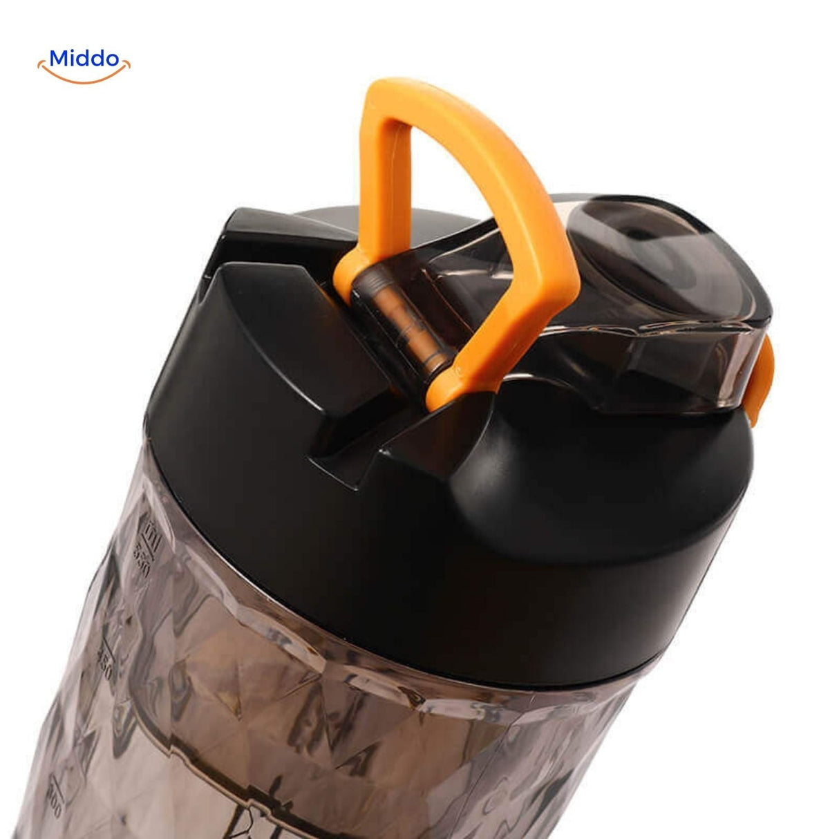 Shaker bottle featuring orange handle and leak-proof protective cap.
