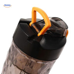 Shaker bottle featuring orange handle and leak-proof protective cap.