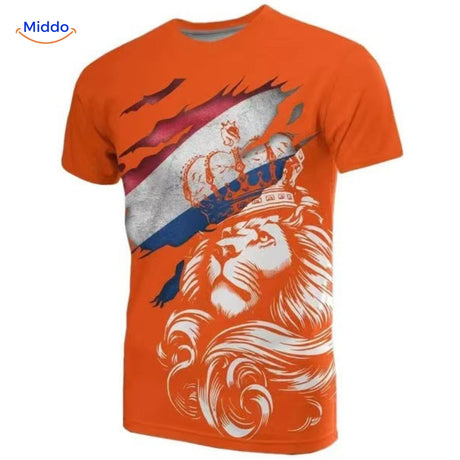Additional close-up showing texture and quality of orange Netherlands football tee.