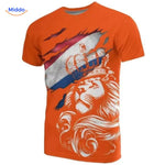 Additional close-up showing texture and quality of orange Netherlands football tee.