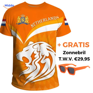 Orange tee paired with free sunglasses for complete fan gear look.