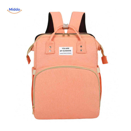 Orange practical diaper backpack with bassinet and mosquito net protection.