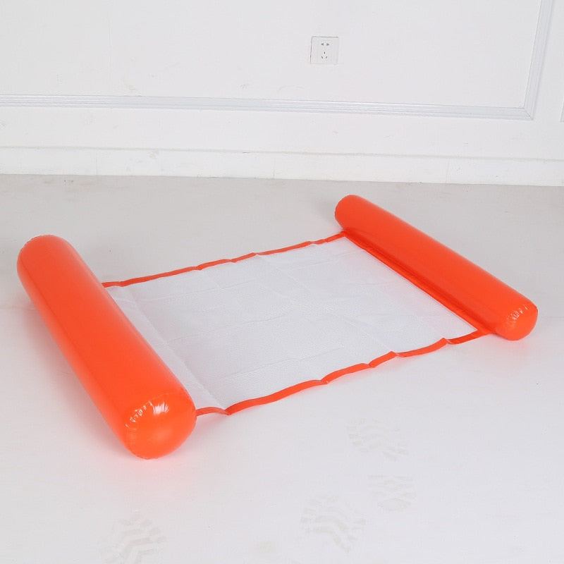 Orange inflatable water hammock floating in pool.
