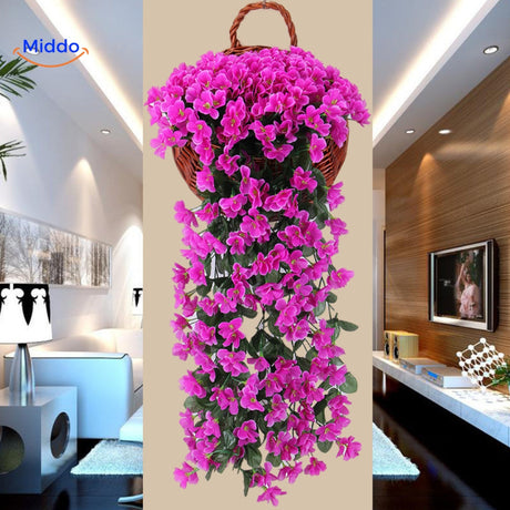 Artificial orchid cascade as luxurious hotel interior decoration.