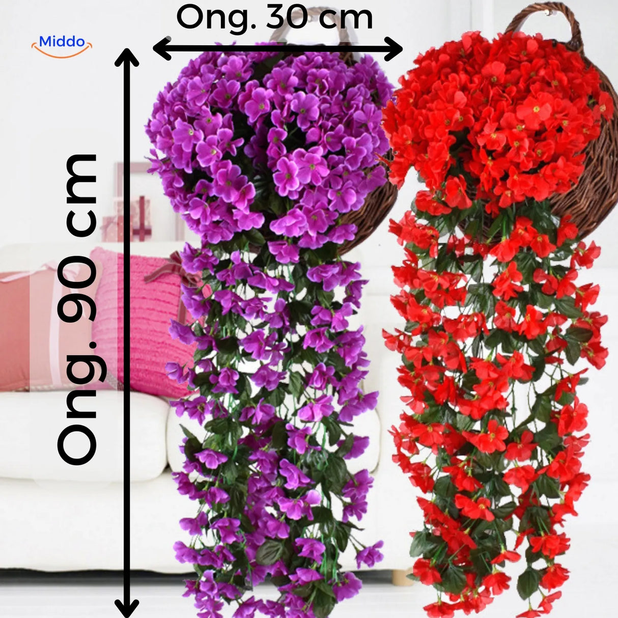 Artificial orchid cascade dimensions and size specifications.