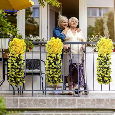 Artificial orchid flowers creating a cascading display on a balcony.