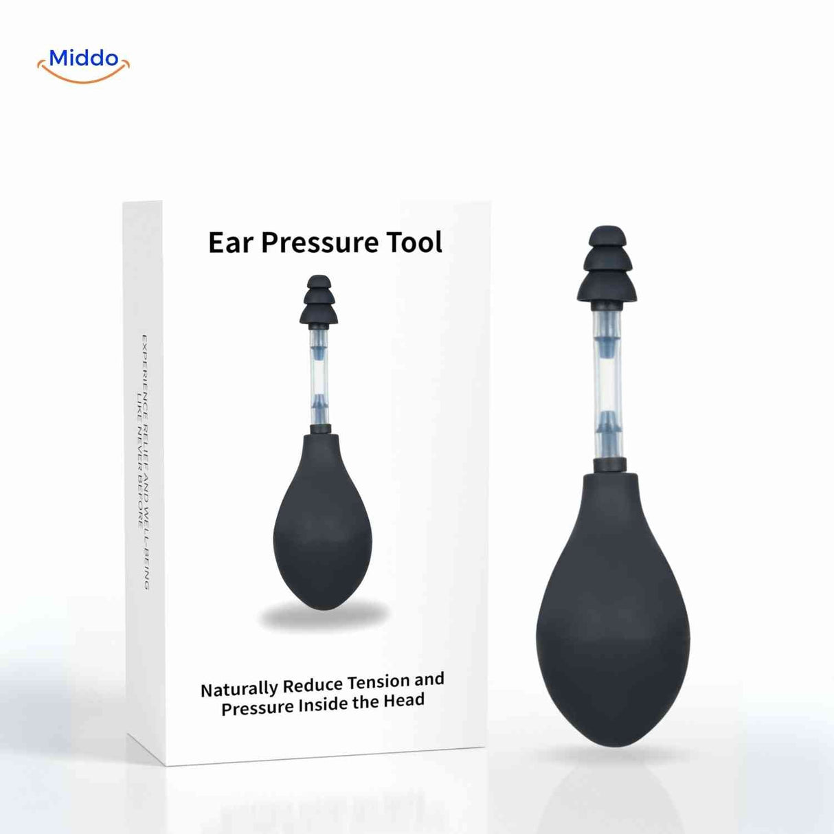 OtoRelief ear pressure device in black finish with branded packaging.