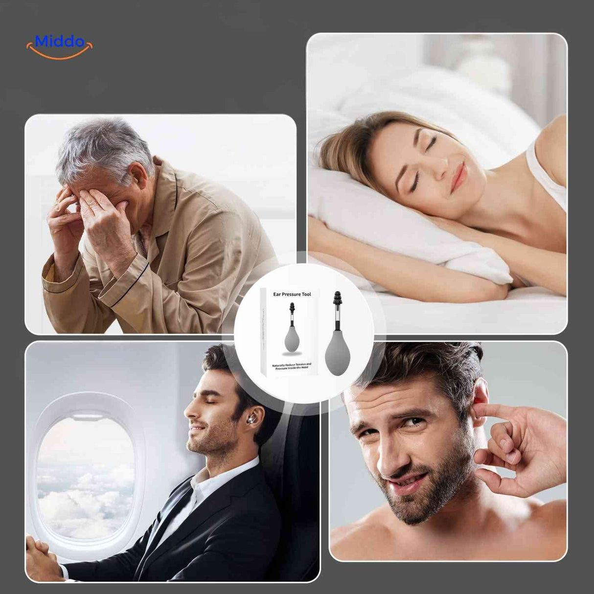 OtoRelief ear pressure device suitable for migraine relief in any situation.