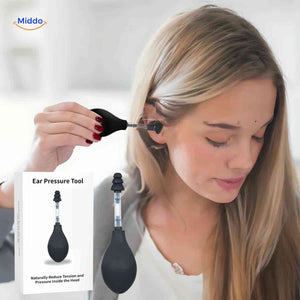 Woman using OtoRelief for natural migraine and ear pressure relief.