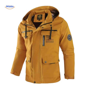 Waterproof outdoor men's jacket with hood and chest pocket.