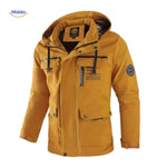 Waterproof outdoor men's jacket with hood and chest pocket.