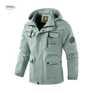 Waterproof men's outdoor jacket with hood and hand pockets.