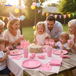 Outdoor party tableware set for birthday and backyard celebration table settings.
