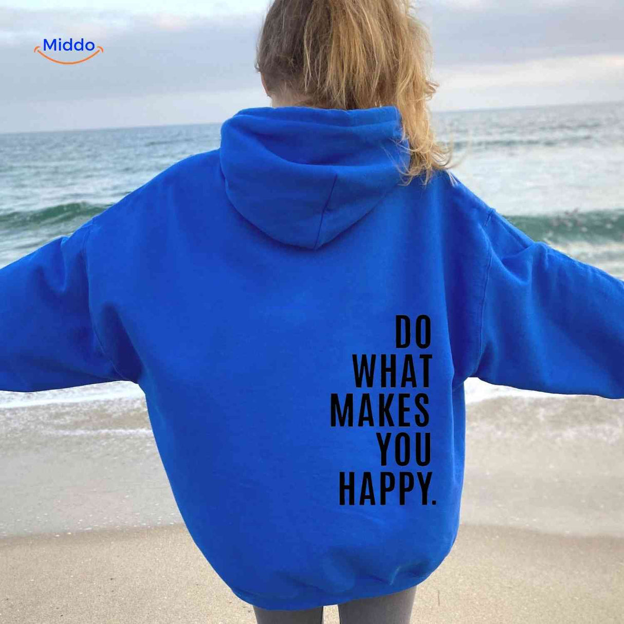 Blue oversized hoodie featuring black text design.