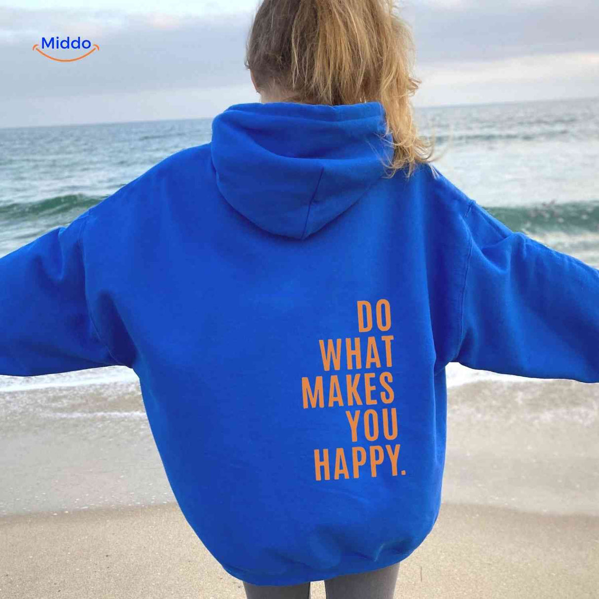 Blue oversized hoodie with orange text print.