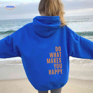 Blue oversized hoodie with orange text print.