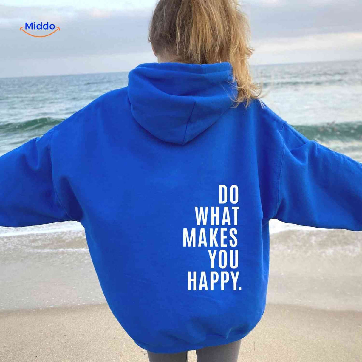 Blue oversized hoodie with white motivational text.