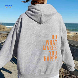 Grey oversized hoodie with orange text print.