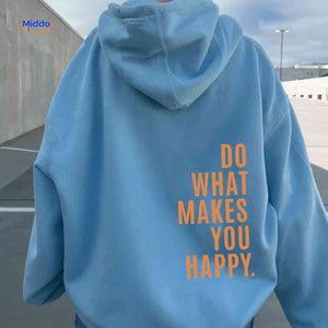 Light blue oversized hoodie with orange text design.