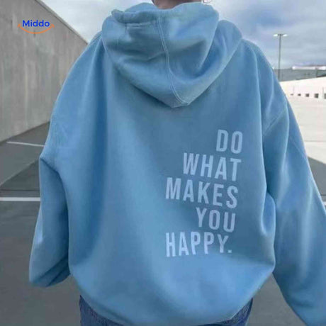 Light blue oversized hoodie featuring white text.